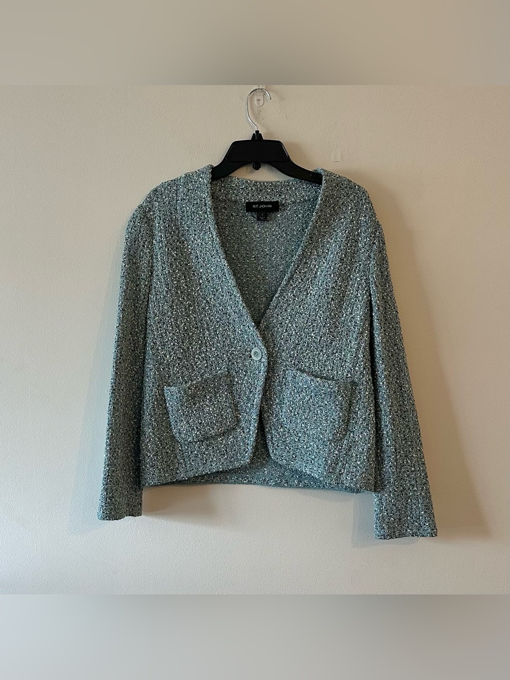 St. John Knit Tweed Wool Jacket Azure Blue Multi 8 USA Button Pockets
Great use